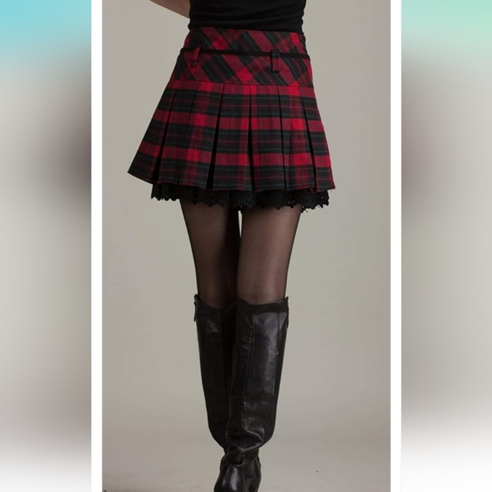 CHOUYATOU, RED PLAID, HIGH WAIST, ALINE WOOL BLEND MINI. XS